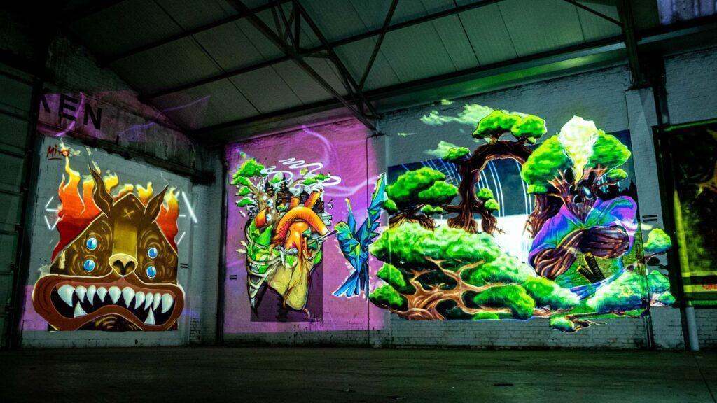 Colorful street art video mapping on graffiti in warehouse